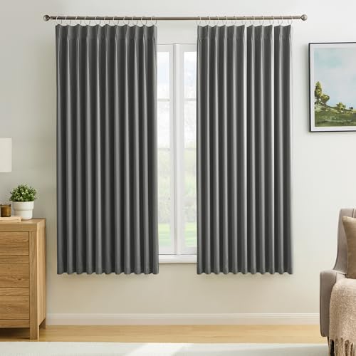 KEQIAOSUOCAI Grey Pinch Pleat Curtains & Drapes 63 Inches Long 2 Panels Set, Privacy Darkening Sound Dampening Window Treatment for Bedroom Vertical Draft Blackout Blinds for Living Room 80 by 63