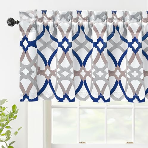 DriftAway Alexander Spiral Geo Trellis Pattern Window Curtain Valance Rod Pocket 52 Inch by 18 Inch Plus 2 Inch Header Navy and Gray
