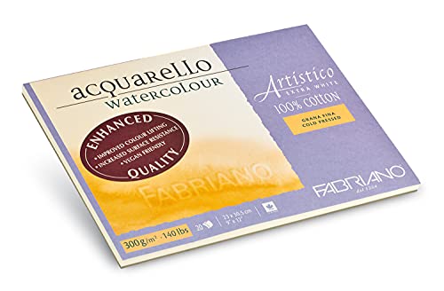 Fabriano Artistico Acquarello Watercolour, Extra White, Fine Grain Cold Pressed, 23 X 30.5 Cm, 20 Sheets 300 G/M?? Artist Watercolour Cardboard, Pad Glued 4 Sided, Vegan