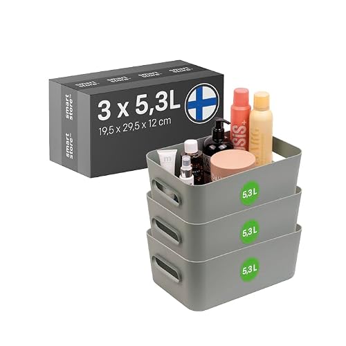 SmartStore Storage Boxes 3x 5.3L small green - 29.5x19.5x12cm - Plastic organiser basket with handles from 95 % recycled material, box and containers for cupboard, drawers and shelves