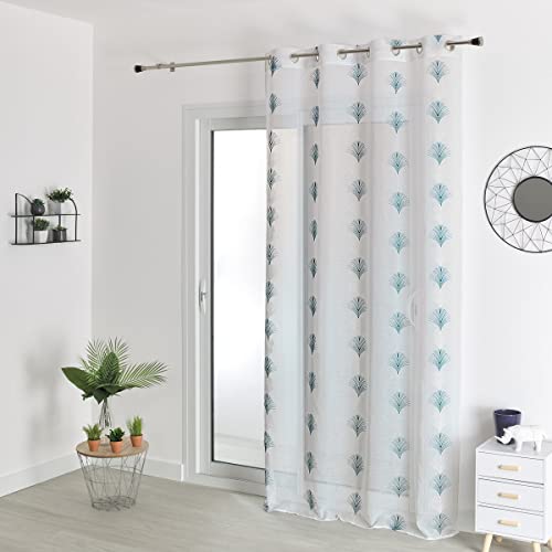 HomeMaison.com Linen Effect Net Curtain - Embroidered Net Curtain - Peacock Blue Curtain - 140 x 240 cm - Silver Eyelet Curtain - Modern Window Curtain