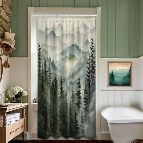 QGHOT Mountain Shower Curtain Forest Nature Shower Curtains for Bathroom, Rustic Woodland Pine Tree Landscape Bathtub Curtain Men Bath Decor, Waterproof Fabric with Hooks (Green,48''W x 72''L)
