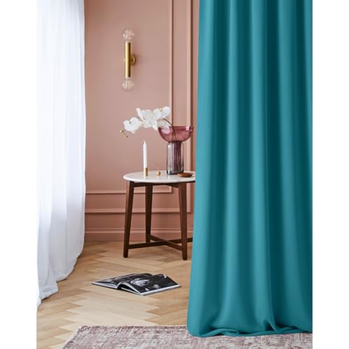 ROOM99 Laurel Curtain with Ruffle Tape, 140 x 280 cm, Width x Height Blackout Opaque Sliding Curtains, Living Room, Bedroom for Rail System, Turquoise, Pack of 1