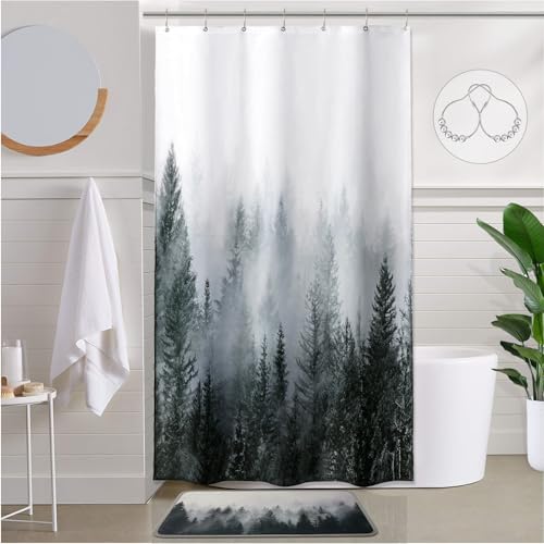 "ORTIGIA Misty Forest Shower Curtains Small Half Size 36"" Wx72 L,Nature Woodland Shower Curtain, Secnic Fantasy Fog Magic Tree Bath Curtain,Fall Shower Curtain,Waterproof with Hooks"