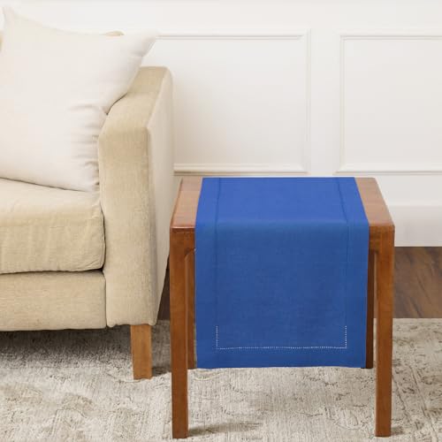 Solino Home 100% Pure Linen Table Runner Blue, Classic Hemstitch 14 x 36 in - Table Runners for nightstands, end tables, coffee tables and dressers - soft plain weave - Royal Blue - OEKO-TEX Certified