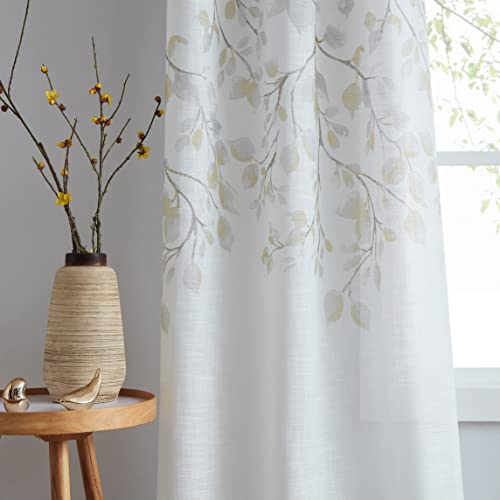"Central Park Leaf Floral Print Metallic Sheer Window Curtain Panel for Rustic Living Room/Bedroom Sparkling Decorative 6 Grommets Top Drape Panels Farmhouse Curtains, Yellow,40"" x 63""x2, 2 PK"