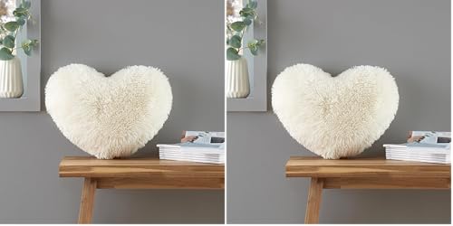 Catherine Lansfield Cuddly Deep Pile Faux Fur Heart Shaped Cushion Cream (Pack of 2)