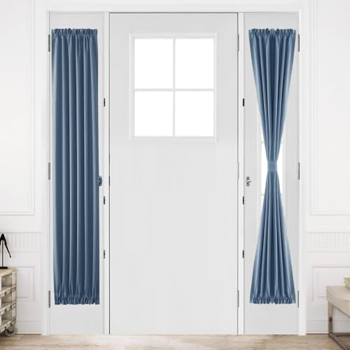 DWCN French Door Curtains ??? Rod Pocket Thermal Blackout Curtain for Doors with Glass Window, Kitchen and Patio Doors for Privacy, 12 X 72 Inches Long, 1 Curtain Panel with Tieback, Dusty Blue