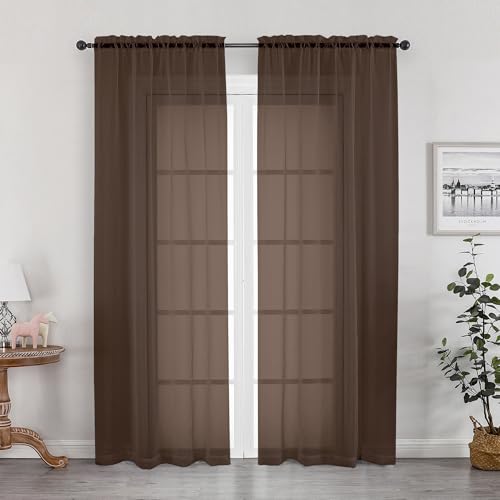 "OWENIE Sheer Chocolate Curtains, Sheer Curtains 78 inch Length 2 Panels Set, Rod Pocket Voile Fimly Sheer Drapes for Living Room/Bedroom, 2pcs, Each 42"" W x 78"" L"