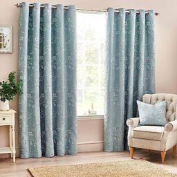 furn. Wylder Sophia Eyelet Curtain Pair – Room Darkening Jacquard Botanical Embroidered Lined Luxury Curtains (Blue – Width 117 x Drop 183cm)