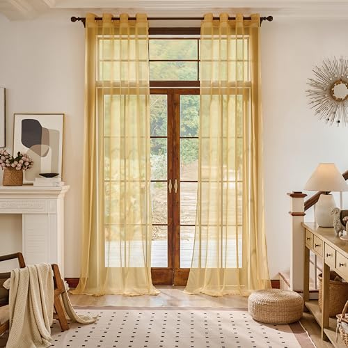 MISSTIAM Stripe Gold Sheer Curtains 120 Inch Length Extra Long With Grommets Semi Transparent for Living Room and Bedroom Set of 2 Light Filtering