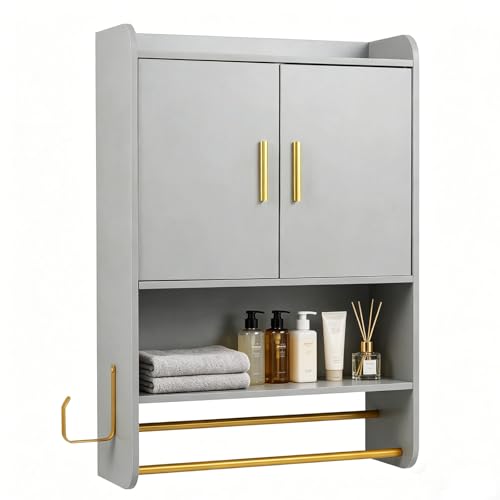 RELAX4LIFE Bathroom Wall Cabinet, Farmhouse Medicine Cabinet Organizer with 2 Doors and Adjustable Shelves, Wooden Cupboard and Bathroom Organizer Unit for Living Room Kitchen Laundry (Grey)