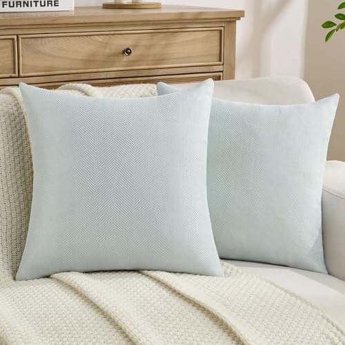FUTEI Pack of 2 Chenille Throw Pillow Covers 16x16 Inch, Light Blue - Elegant Herringbone Textured Design,Side Hidden Zipper,Machine Washable,Pill-Resistant,Colorfast,Insert Not Included.