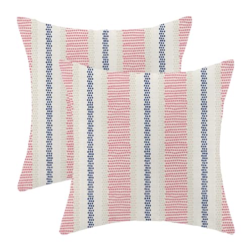 AEIOAE Hot Pink Blue Summer Outdoor Pillow Covers 20 x 20 Inch,Boho Polka Dots Striped Decor Throw Pillows for Couch Bed,Geometric Modern Farmhouse Decorative Pillowcase Linen Cushion Cover Set of 2