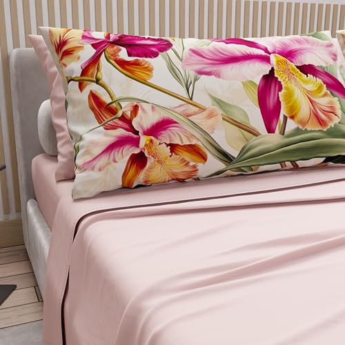 PETTI Artigiani Italiani - Cotton Sheets with Pillowcases in Digital Print, Single Sheet, 36 Powder Floral Print Bedding Set, 100% Made in Italy