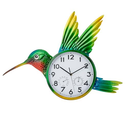HOBYLUBY Large Outdoor Clock with Thermometer & Humidity - Silent Non-Ticking, Hummingbird Outdoor Wall Clock for Patio, Garden, Kitchen, Living Room, Green