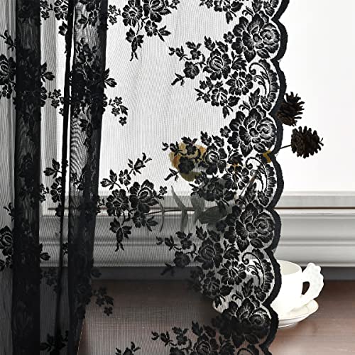 Kotile Black Lace Curtains 80 Inches Long 2 Panels Set, Farmhouse Rustic Floral Gothic Lace Curtains for Living Room, Rod Pocket Privacy Halloween Goth Window Decor Sheer Curtains, 52 x 80 Inch, Black