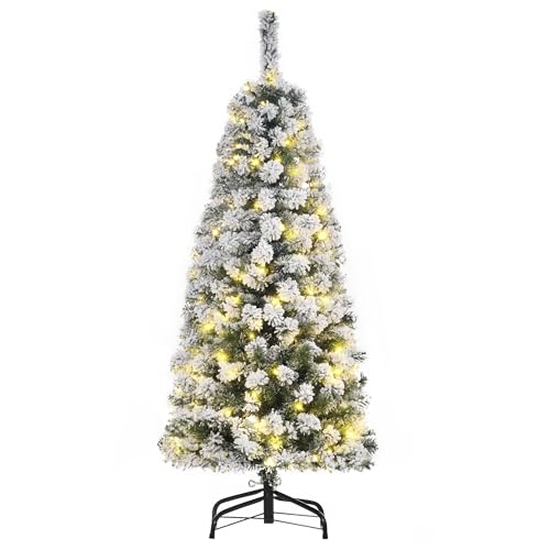 HOMCOM 4FT Prelit Artificial Snow Flocked Christmas Tree with Warm White LED Light, Holiday Home Xmas Decoration, Green White