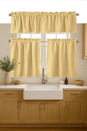 "Native Fab 3 Piece Window Curtain Tiers 26""x36"" and Valance 54""x18"" Set - Rod Pocket - Semi Sheer - Short Curtain for Kitchen, Cafe, Living Room - Pale Yellow"