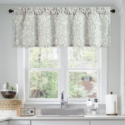 "Leeva Grey Valances for Windows, Linen Textured Light Filtering Small Window Kitchen Curtain, Leaves Printing Rod Pocket Cafe Valance for Bedroom Living Room, 60"" W x 18"" L, 1 Piece"