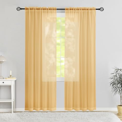 "Karseteli Semi Voile Sheer Curtains 63 Inches Long 2 Panels Rod Pocket Window Treatment for Living Room Bedroom Dining Room(Beige 42"" W x 63"" L)"