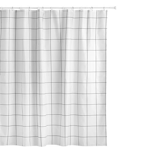 TATAY Fabric Shower Curtain 220 x 200 cm - Includes 16 Hooks - Washable Shower Curtain with Modern Design - Durable Polyester Fabric - Industrial Model – White & Black