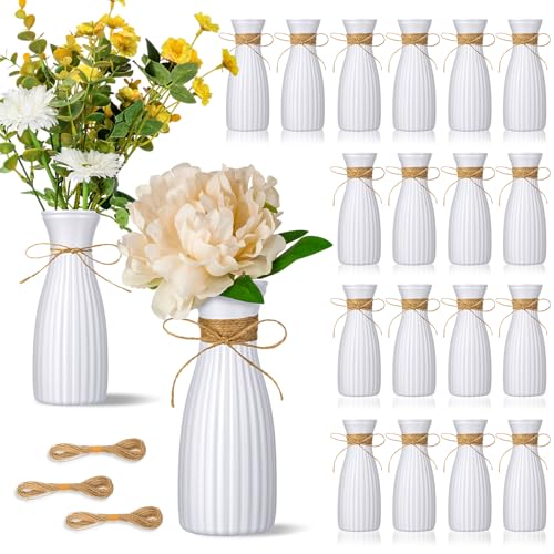 Ninehaoou 30 Pcs Plastic Flower Bud Vases Bulk with Twines Ropes Small Mini Flower Vases for Centerpieces Decorative Plastic Bottles for Wedding Reception Dining Table Home Decoration (White)