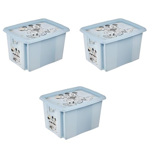 keeeper Karolina 3 x Mickey Storage Box with Lid, Rotating and Stackable, for Children, 30 L, Cloudy Blue