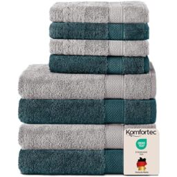 Komfortec Set of 8 Hand Towels 100% Cotton, 4 Bath Towels 70 x 140 cm and 4 Hand Towels 50 x 100 cm, Terry Clothing, Soft, Large, Silver/Petrol