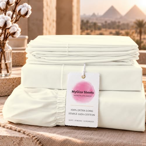 MyGiza Sheets,100% Certified Giza Egyptian Cotton Sheets-California King Size Giza Cotton Sheets Set to Fit Upto 18 Inches Deep Mattress (4 Pcs) Ivory