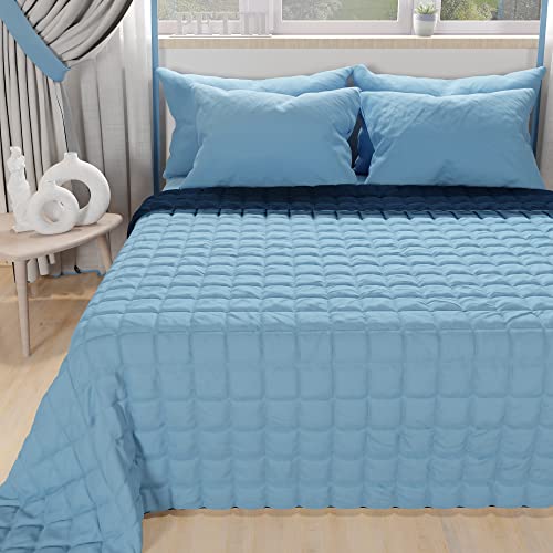 PETTI Artigiani Italiani - Reversible Quilted Bedspread Navy Blue Light Blue - 170x260 cm for Single Bed - 100% Extra Soft Microfibre - Lightweight Summer Quilt - 100% Made in Italy