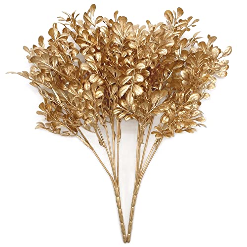 PASYOU Fake Plants Christmas Decorations, Golden Artificial Flowers Leaves Faux Foliage Home Garden Plastic Grass Shrubs Indoor Outdoor Party Hotel Verandah Wedding Event Bouquet Decor - Gold 2 Pack