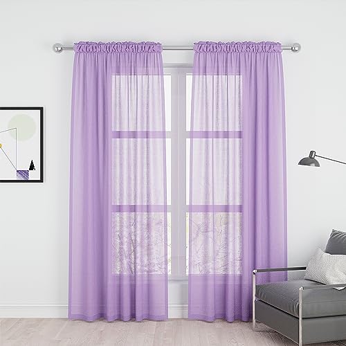 Purple Sheer Curtains 80 inches Long Living Room Kitchen Dining Sliding Glass Door Curtain Sheers Basement 2 Panels Voile Transparent Bedroom Drapes Linen Textured Rod Pocket Window Treatment Set