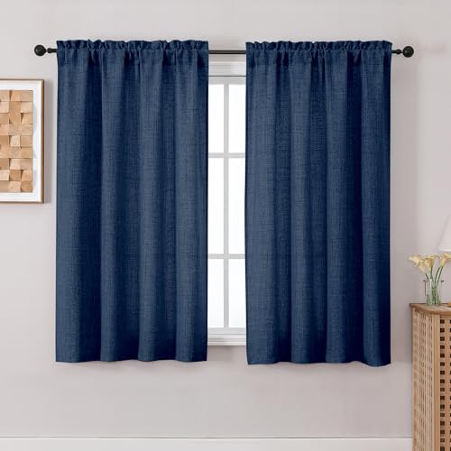 Chyhomenyc Navy Blue Curtains 54 Inch Length for Living Room, Light Filtering Faux Linen Slub Textured Window Curtains, Soft Airy Privacy Rod Pocket Curtain for Bedroom, 42Wx54L, 2PCS