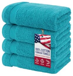 American Veteran Towel, Hand Towels for Bathroom Set of 4, 100% Cotton Turkish Hand Towel Sets Clearance Prime, Soft Hand Face Towels, Aqua Blue Hand Towels
