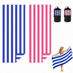 Admygo Microfibre Beach Towels for Adults - 2 Pack 180 x 90 cm Extra Large Beach Towels with Drawstring Bags, Quick Dry Lightweight Sand Free Towel for Swim, Travel, Gym (Stripe Dark Blue & Pink)