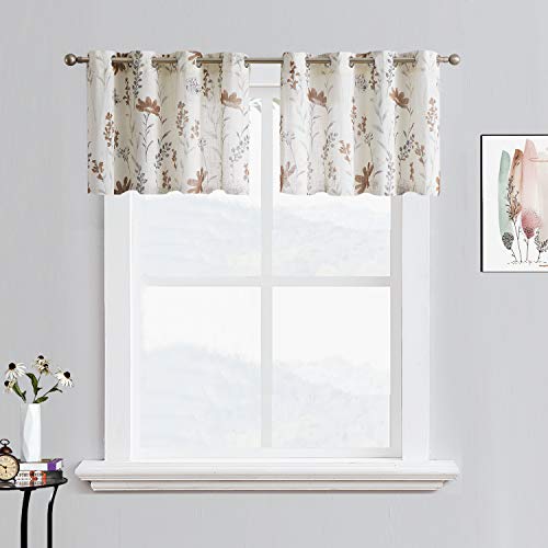 July Joy Printed Kitchen Valance Linen Textured 18-inches Floral Leaf Design Farmhouse Style Window Panel Drapes Set Grommet Treatment for Basement Caf?? Room, 52 x 18 inch, Brown