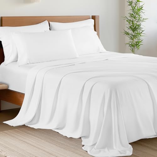"Shilucheng 6 Piece King Sheet Sets, Cooling Sheets, Blend Rayon Derived from Bamboo, Deep Pocket Up to 16"", Breathable & Soft Bed Sheets, Hotel Silky Bedding Set, White"