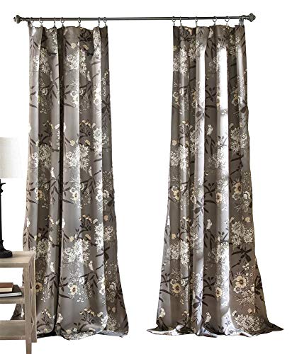 "Lush Decor Botanical Garden Curtains Floral Bird Print Room Darkening Window Panel Set for Living, Dining, Bedroom (Pair), 95"" x 52"", Gray, Polyester, Grey, 52"" W x 95"" L (Pack of 1)"