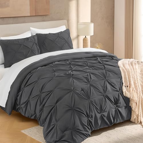 "Andency Grey Pinch Pleat Duvet Cover Set Double (66"" x 90"") 2 Piece Grey Pintuck Bed Microfiber Down Alternative Bedding Set with 1 Pillowcase"