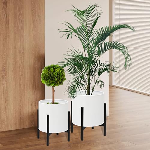 ARNIS Modern Plant Pots, Set of 2 Large Planters with Stand, Decorative Planters, Metal Pots with Drainage Holes for Living Room, Office, Garden or Balcony, 8.25 &10.5 Inch, White