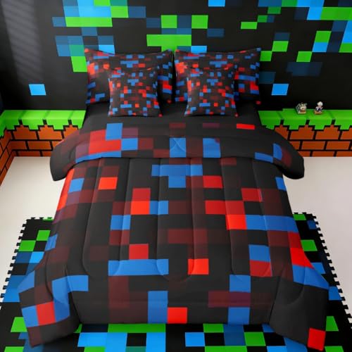jejeloiu Pixelated Red Blue Black Full Size Comforter Set with Sheets???Pillowcases & Cushion Cover 7 Piece Bedding Set Super Soft Kids Girls Boys Bedroom Decor Gamepad Grid Bed in a Bag