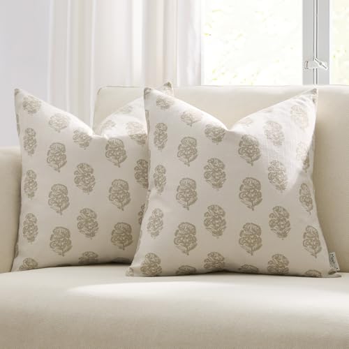 Meekio Set of 2 Light Beige Floral Block Print Pillow Covers 20 x 20 inches Linen Throw Pillow Covers for Sofa Couch Decor