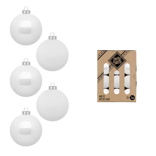 Holly & Jolly Christmas Baubles Pure White Pack of 24 - Glass Christmas tree baubles, approx. 3 cm, Christmas tree decoration in white, matt and shiny, Christmas decoration for