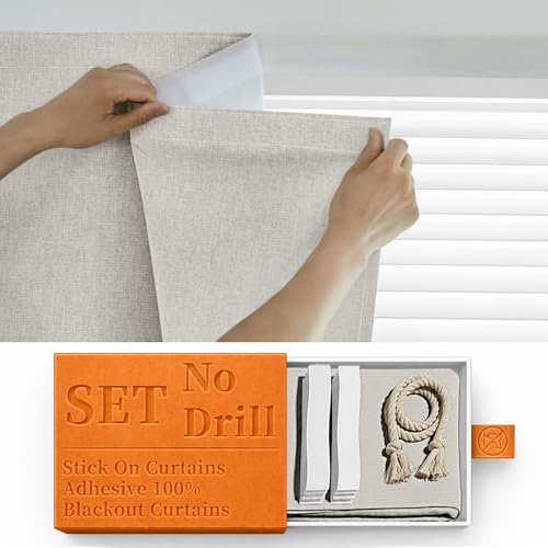 Sovtfides 100% Blackout Self Adhesive Portable Curtains for Bedroom Easy to Install Window Thermal Lnsulated Kitchen Room Darkening Small Window Curtains, W35 x L80 inch, 1 Panel, Light Beige