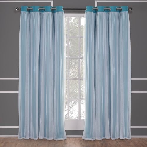 TOWN & COUNTRY LUXE Exclusive Home Catarina Layered Solid Room Darkening Blackout and Sheer Grommet Top Curtain Panel Pair, 52x120, Turquoise