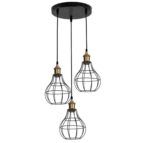 LEDSone Modern Retro 3 Way Ceiling Pendant Light Cluster Light Fitting Black Vase Cage Lampshade Style Home Yellow Brass E27 Lighting Kit - 1 Pack