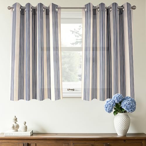 DriftAway Farmhouse Vertical Striped Linen Blend Textured Light Filtering Semi Sheer Curtains for Living Room Bedroom 36 Inches Long Drapes 2 Panels Broad Striped Dark Navy
