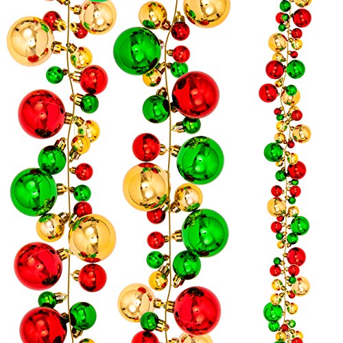 Waline Christmas Ball Garland - 6ft Bauble Garland with Shatterproof Balls - Red, Green, Gold - Indoor/Outdoor - Xmas Party Supplies
