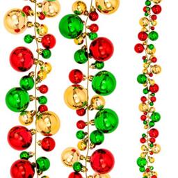 Waline Christmas Ball Garland - 6ft Bauble Garland with Shatterproof Balls - Red, Green, Gold - Indoor/Outdoor - Xmas Party Supplies